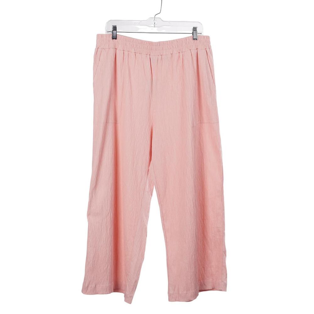 NWT Lands' End Pants L Peach Pink Pull On Cotton Blend Crinkle Wide-Leg Cropped
